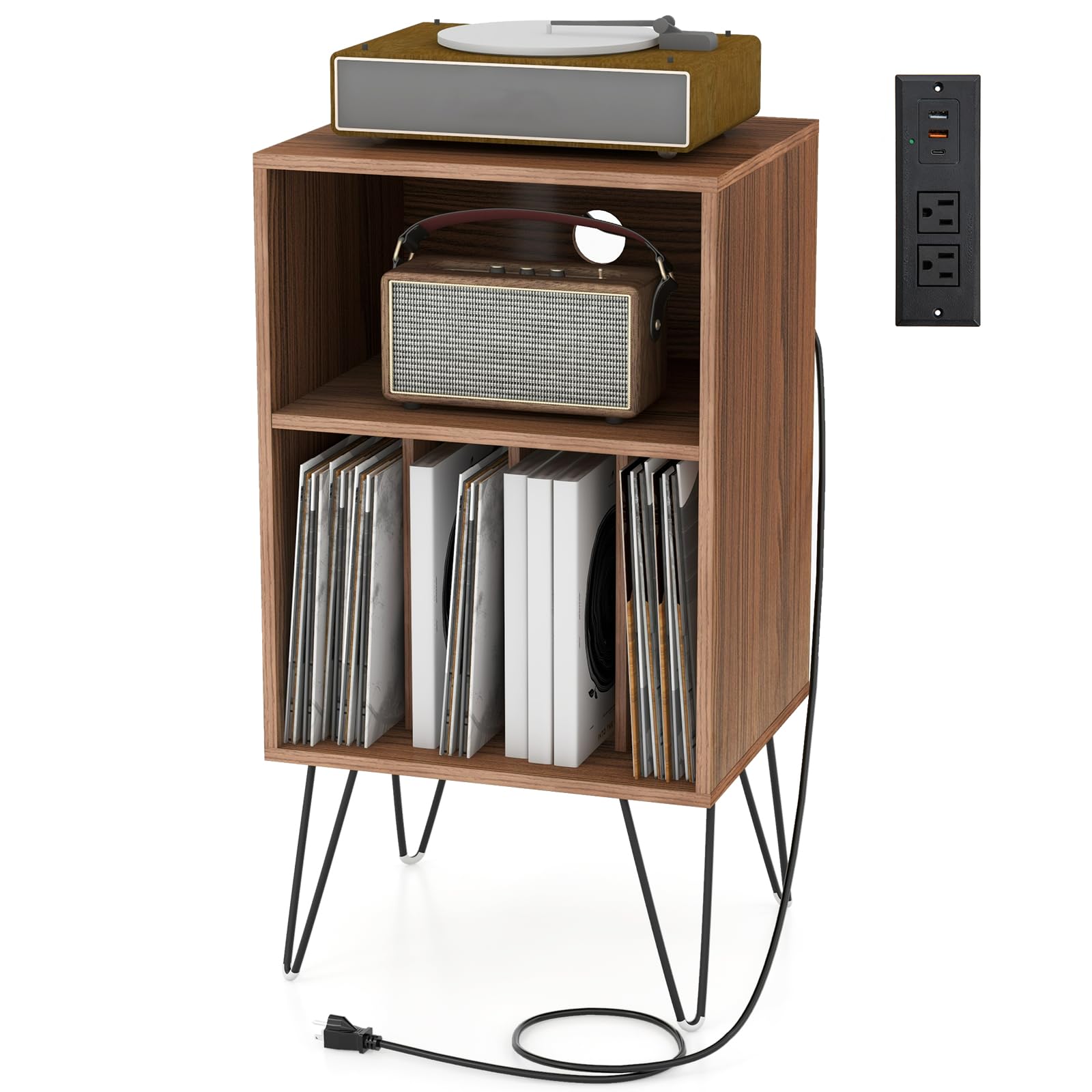Tangkula Record Player Stand with Charging Station, Turntable Stand with Metal Legs, Vinyl Record Storage Cabinet